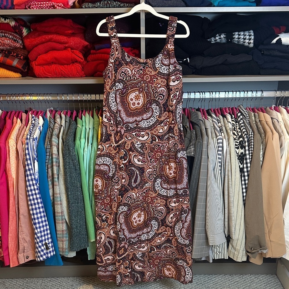 MSK purple/orange print elastic strap side slits midi dress size S